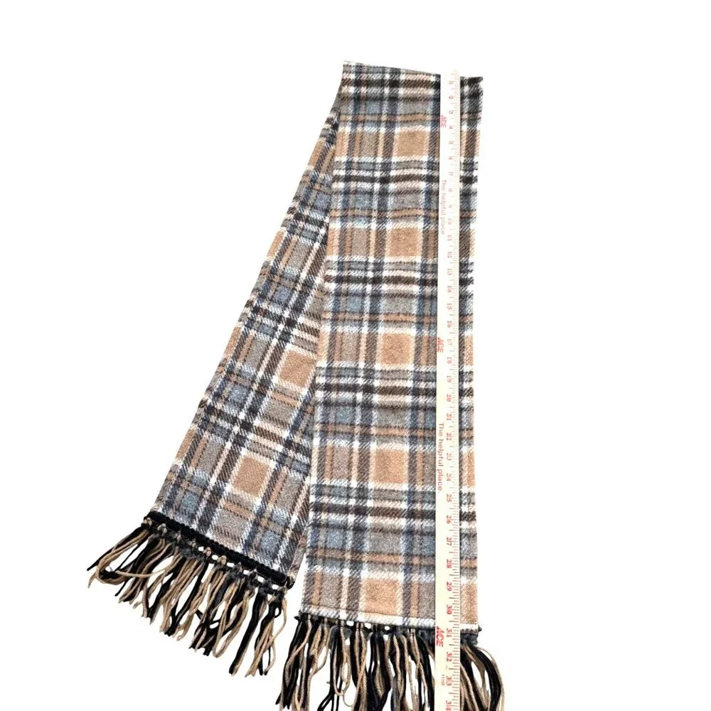 Unisex Adult Wrap Scarf Wool Beige Grey Tartan Plaid Check Fringe Fall Winter